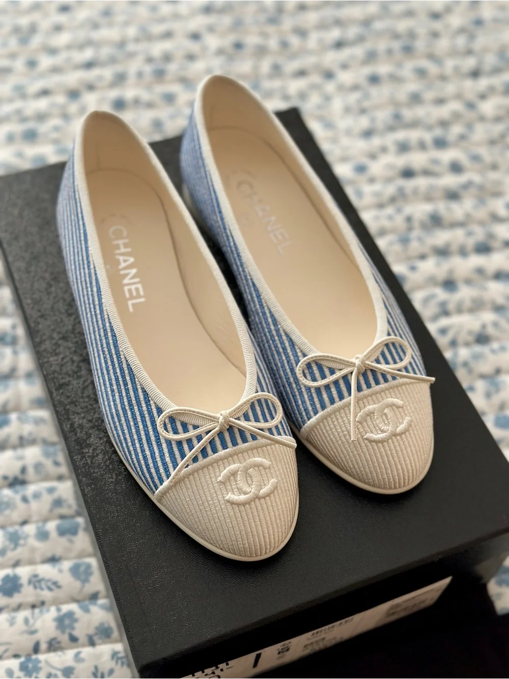 CHANEL Blue Striped and Cream Cap-Toe Ballet Flats